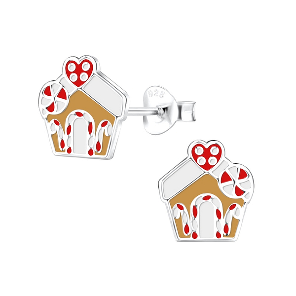 Wholesale Sterling Silver Gingerbread House Ear Studs - JD12413