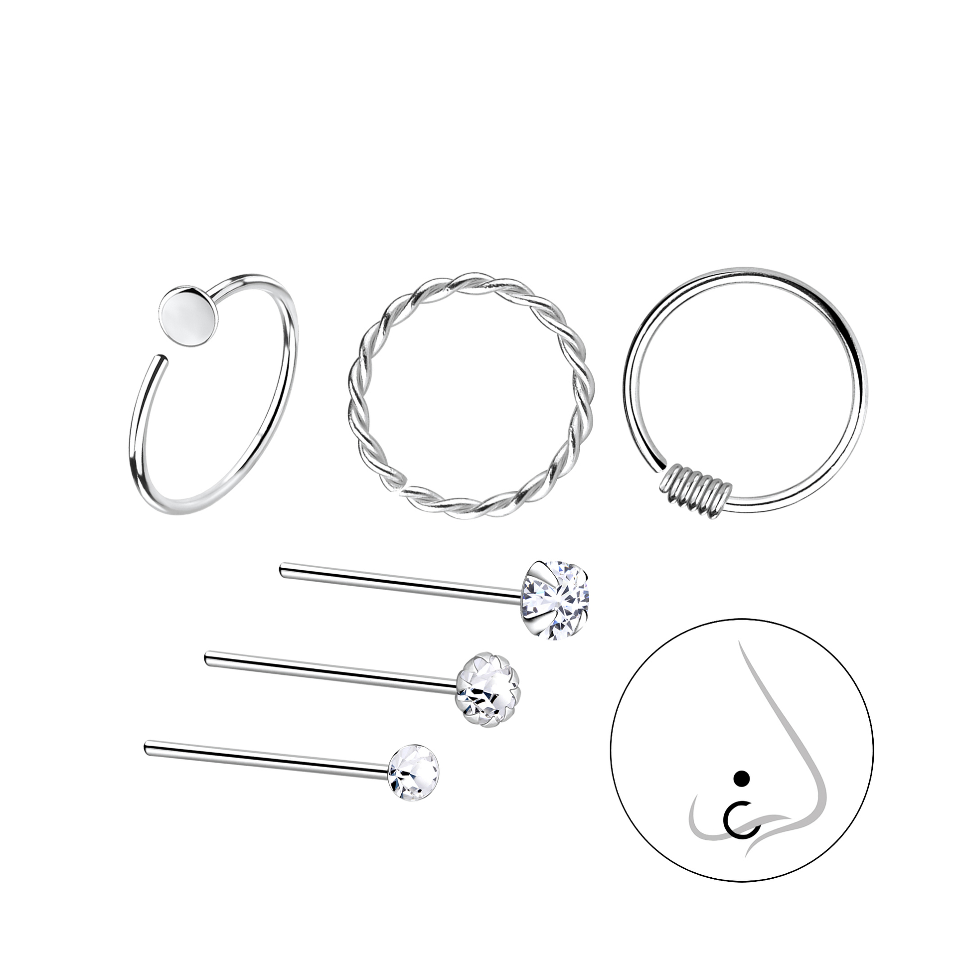 Silver JD Sterling Silver Mixed Nose Jewellery Starter Set 6 Pack