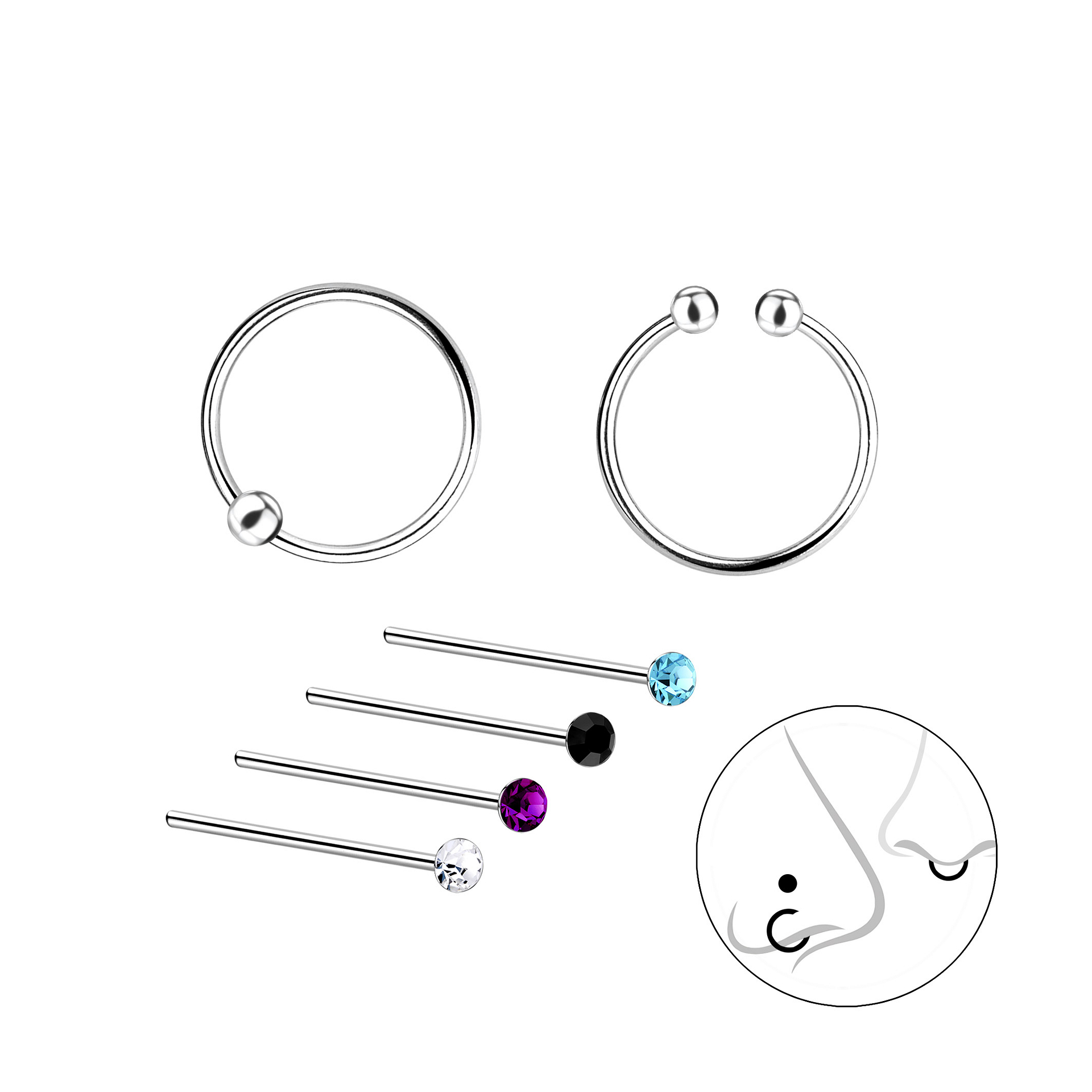 Silver JD Sterling Silver Mixed Nose Jewellery Set JD10030