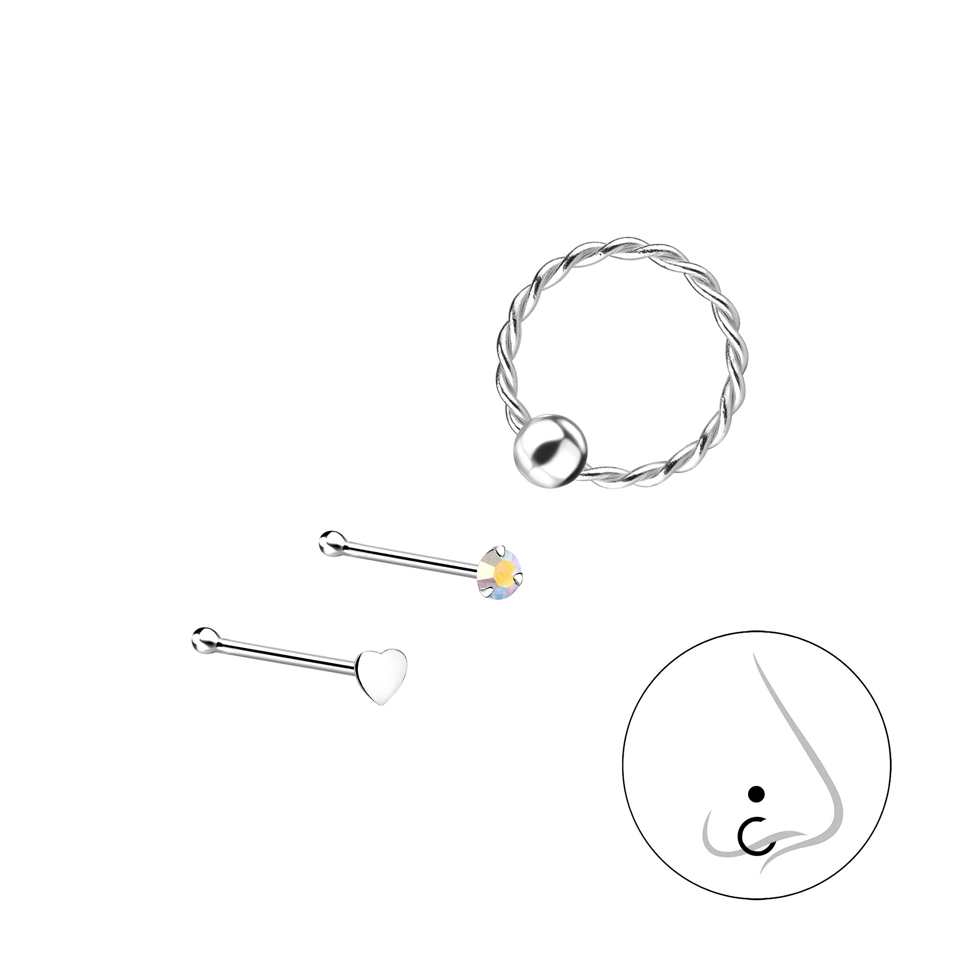 Silver JD Sterling Silver Mixed Nose Jewellery Set JD10097