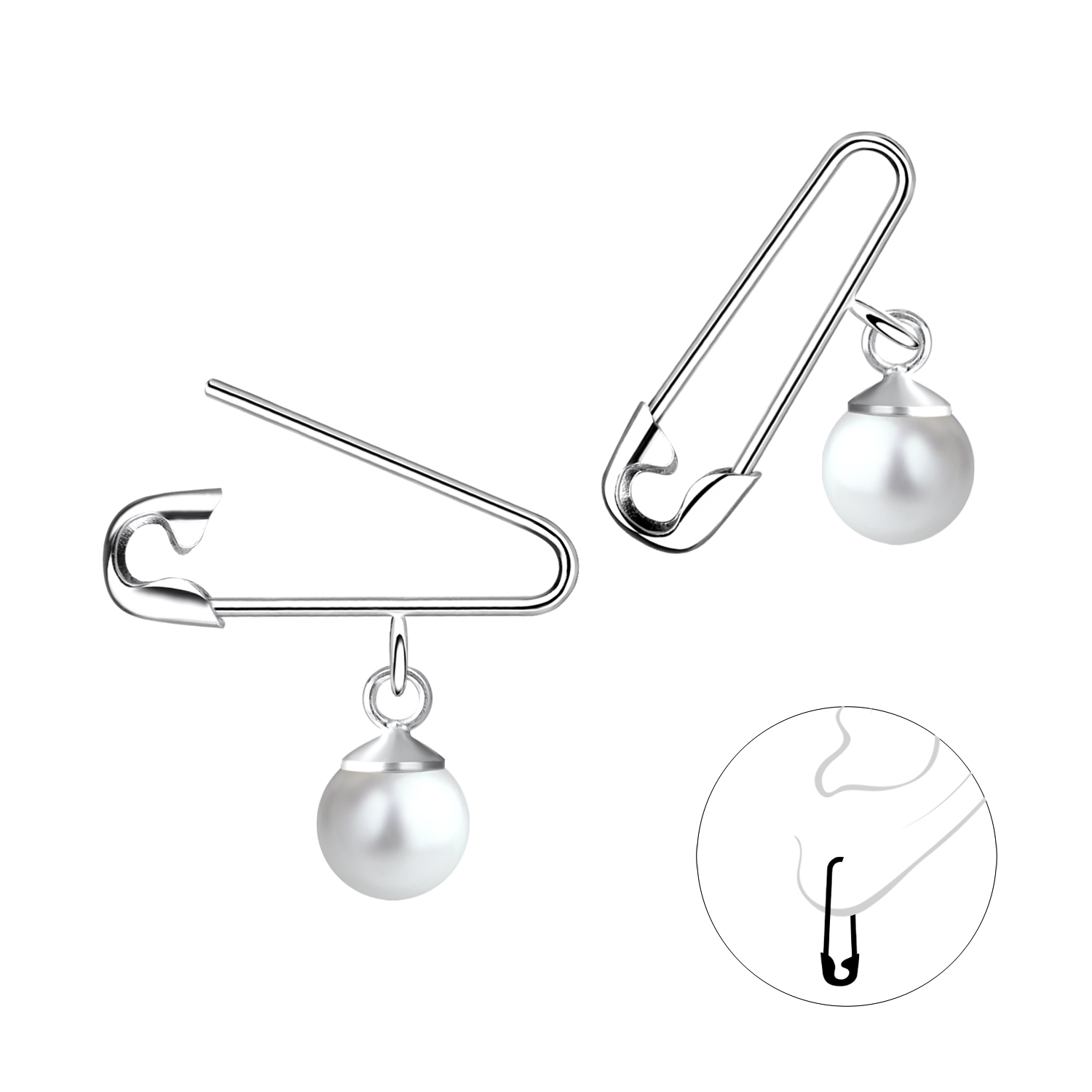 Silver JD Sterling Silver Safety Pin Ear Hoops With Pearl JD11760