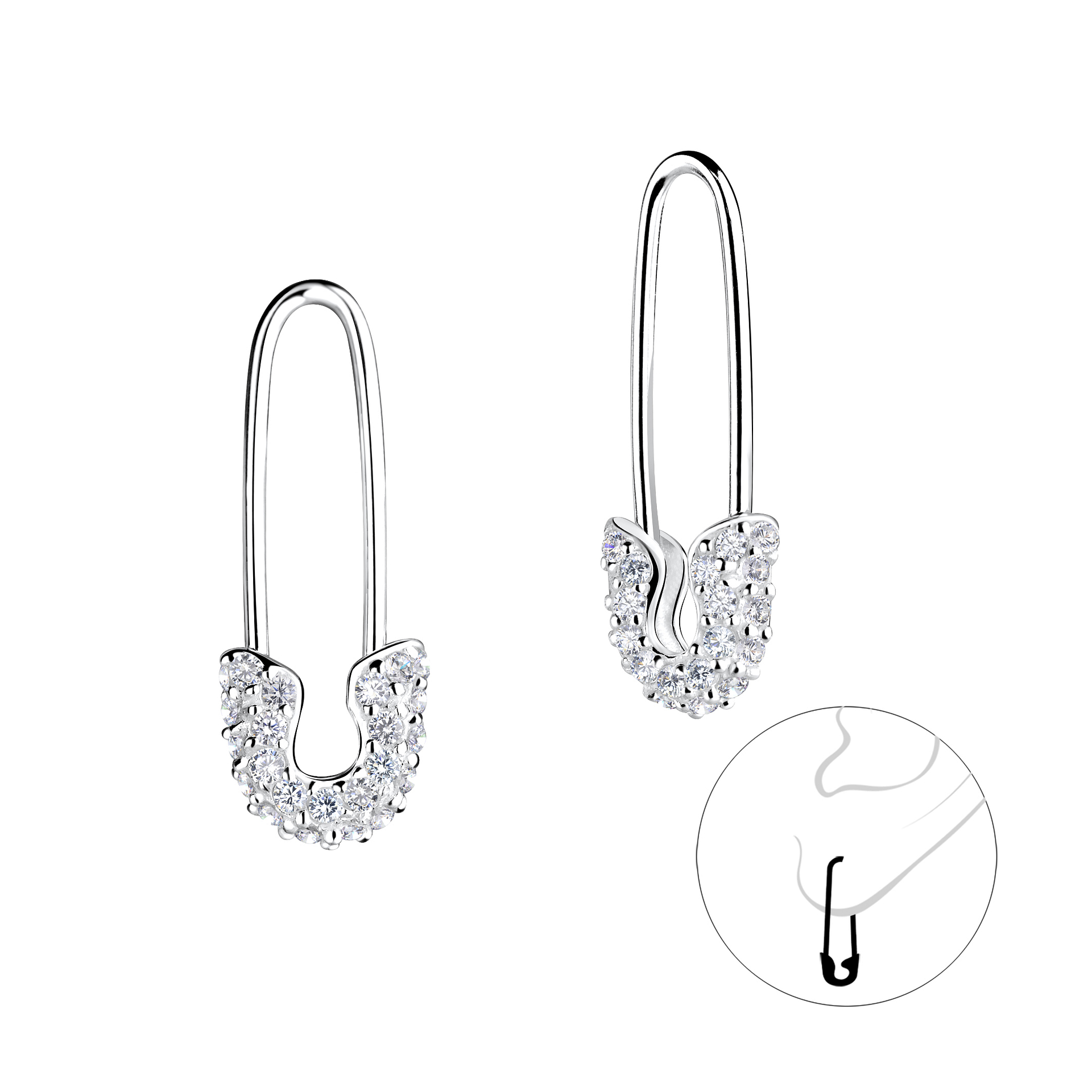 Silver JD Sterling Silver Safety Pin Ear Hoops JD16434