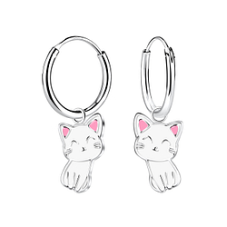 Boucles d'oreilles créoles avec breloques chat en argent - FR2009