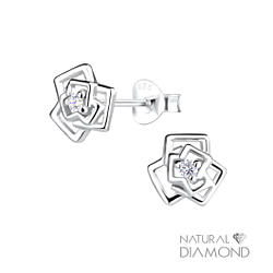 Clous d'oreilles fleur rose avec diamants naturels en argent - FR17060