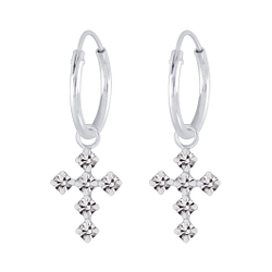 Boucles d'oreilles créoles avec breloque croix cristal en argent - FR5167