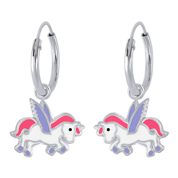 Boucles d'oreilles créoles avec breloques licorne ailée en argent - FR2344