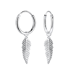 Boucles d'oreilles créoles avec breloques plume en argent - FR6973