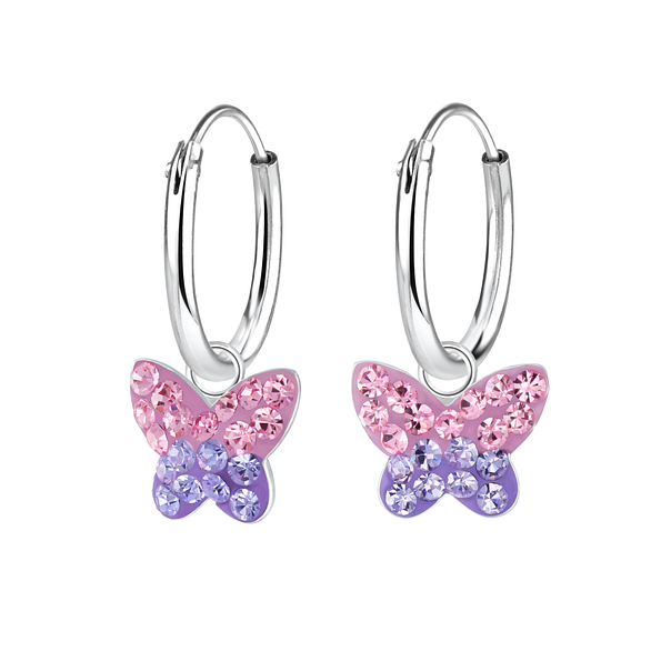 Boucles d'oreilles créoles avec breloques papillon en cristal en argent - FR8262