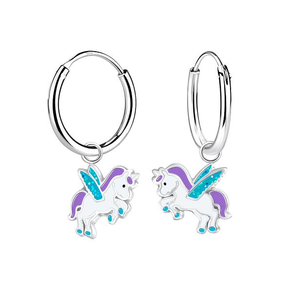 Boucles d'oreilles créoles avec breloques licorne ailée en argent - FR3058