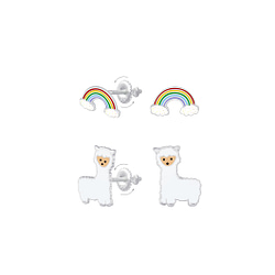 Wholesale Sterling Silver Rainbow and Alpaca Screw Back Ear Studs Set - JD8388