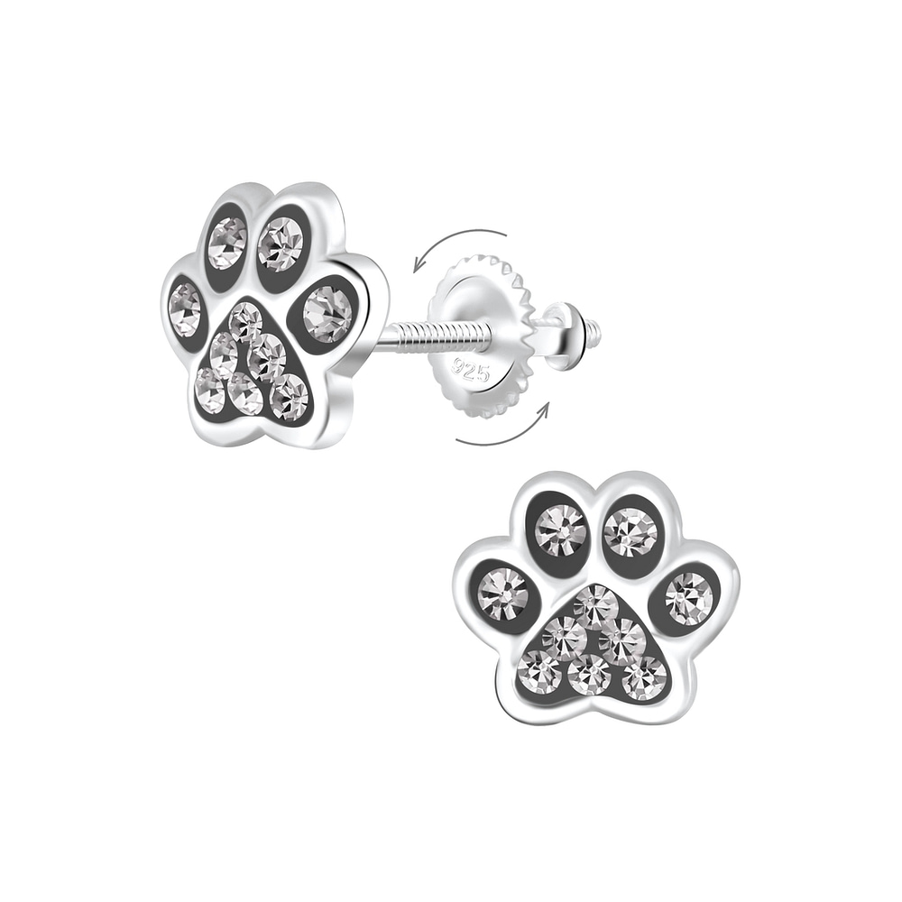 Wholesale Sterling Silver Paw Print Crystal Screw Back Ear Studs - JD6233