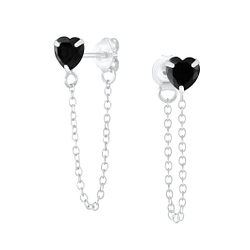 Wholesale 4mm Heart Cubic Zirconia Sliver Ear Studs with Chain - JD6201