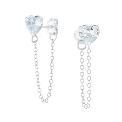 Wholesale 6mm Heart Cubic Zirconia Sliver Ear Studs with Chain - JD6211