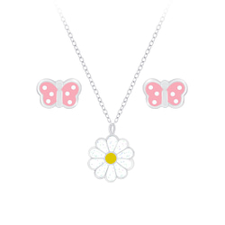 Wholesale Sterling Silver Butterfly Necklace and Daisy Ear Studs Set - JD7662