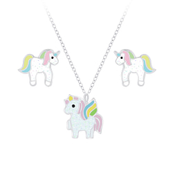 Wholesale Sterling Silver Unicorn Necklace and Ear Studs Set - JD7663