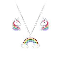 Wholesale Sterling Silver Rainbow Necklace and Unicorn Ear Studs Set - JD7656