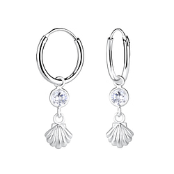Wholesale Sterling Silver Shell with Cubic Zirconia Charm Ear Hoops - JD14117