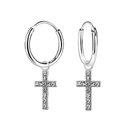 Wholesale Sterling Silver Cross Crystal Charm Ear Hoops - JD15702